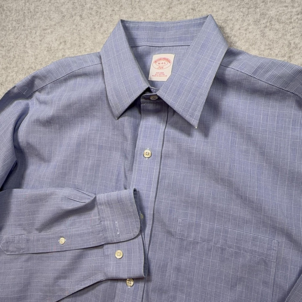 Brooks Brothers Dress Shirt Mens 16 34/35 Blue Check Classic Fit Non Iron Cotton